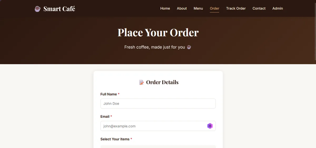 Smart Cafe order placement page