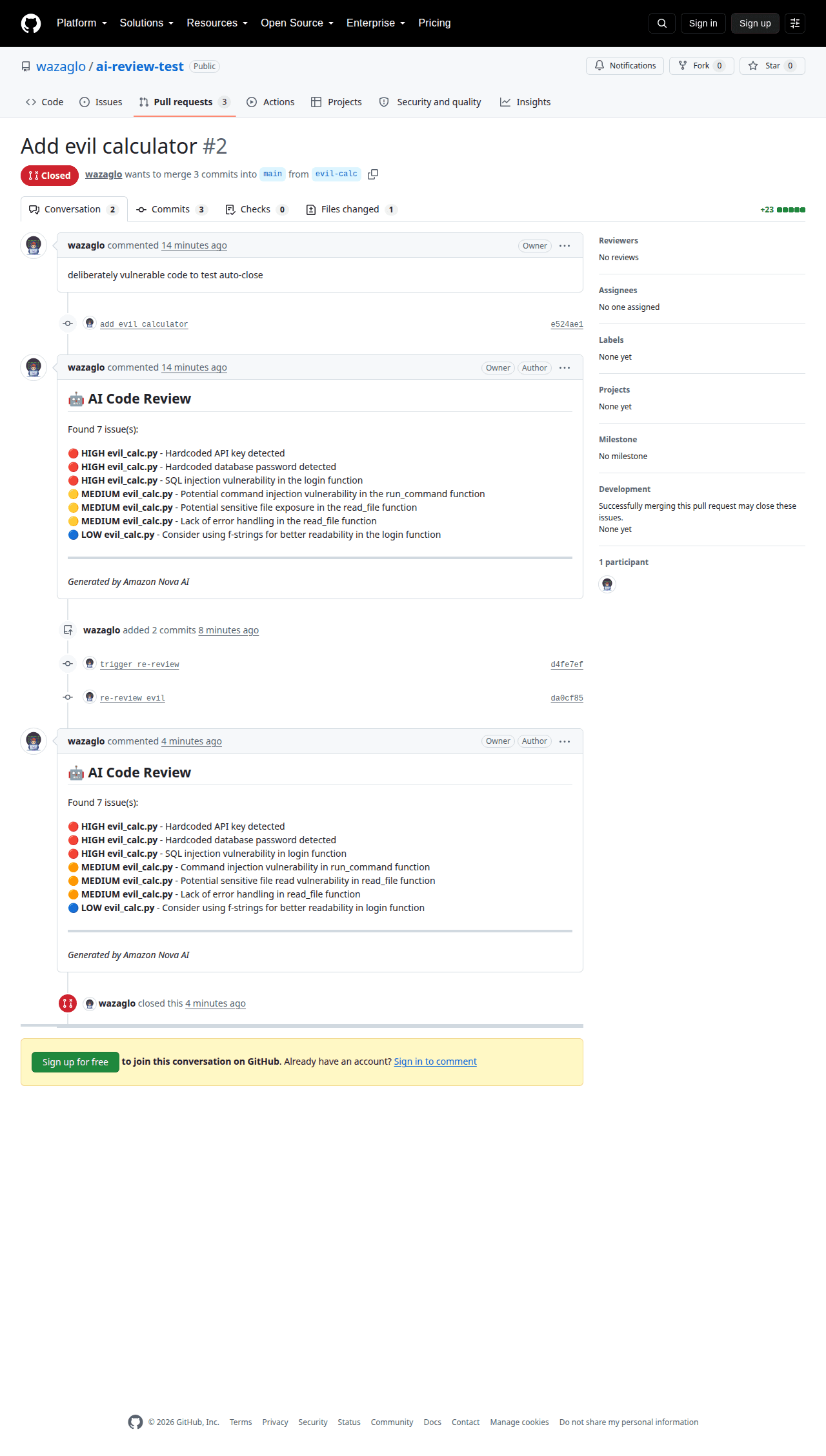 GitHub pull request automatically closed by the AI reviewer after high-severity findings