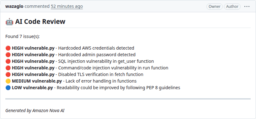 AI review comment on a GitHub pull request showing findings and cost metrics