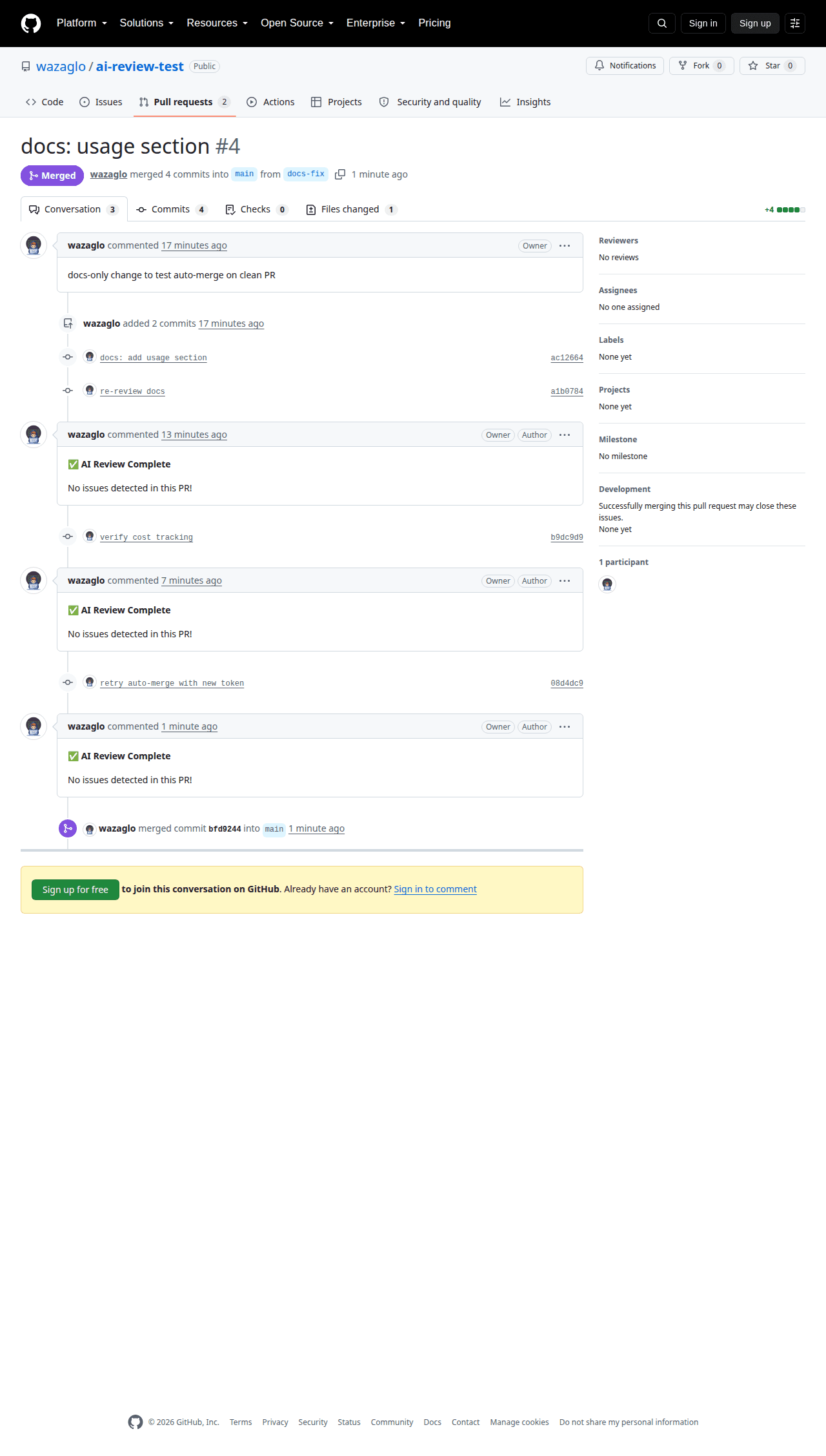 GitHub pull request automatically merged by the AI reviewer after a clean review