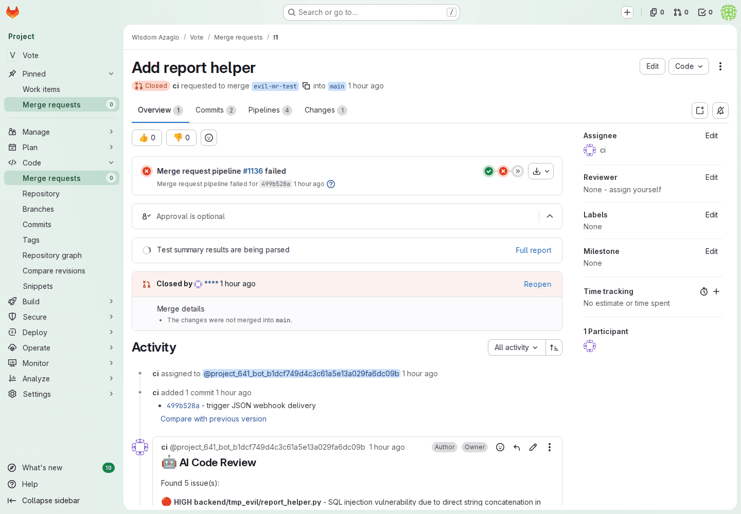 GitLab merge request automatically closed by the AI reviewer after high-severity findings