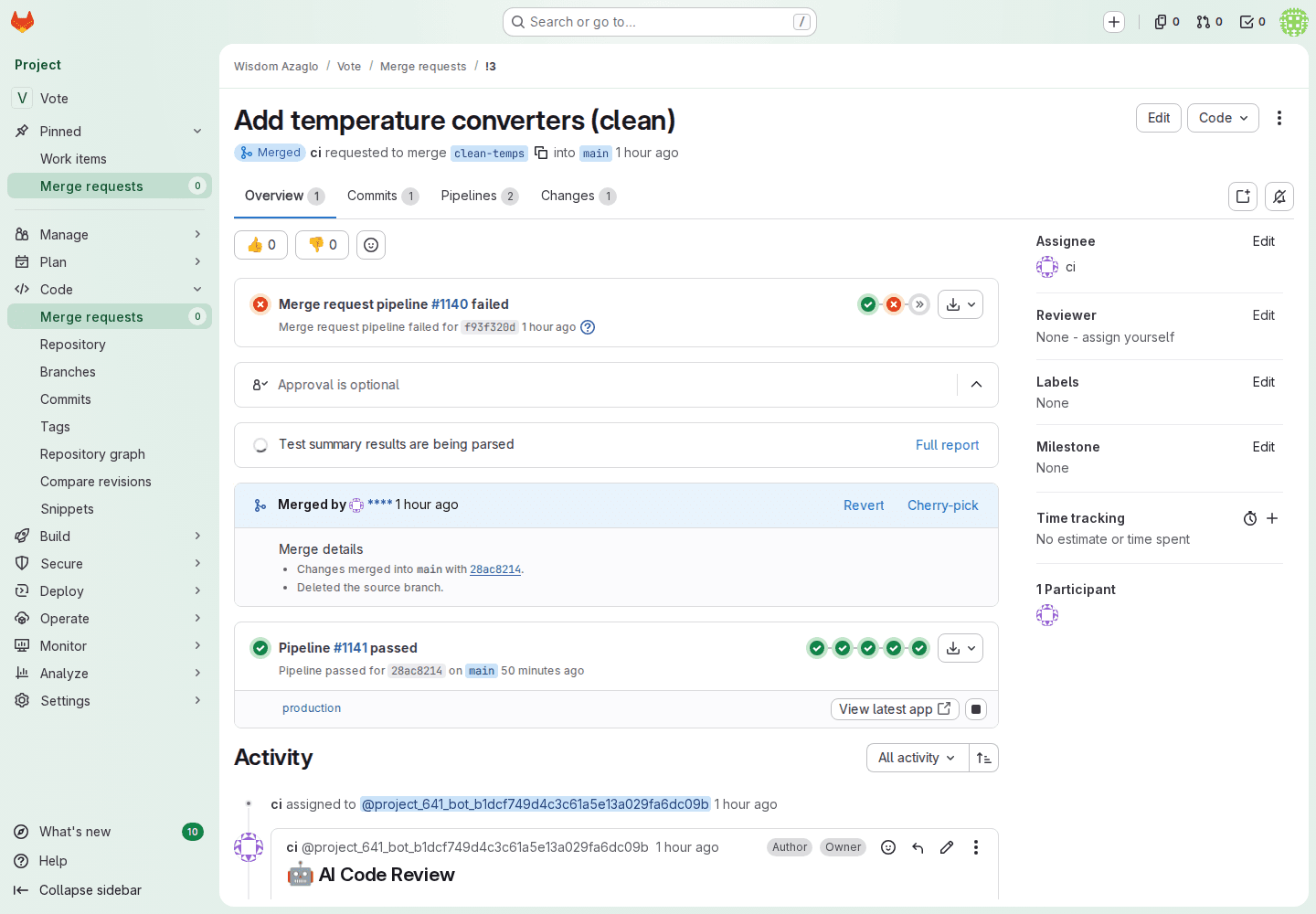 GitLab merge request automatically merged after a clean AI review