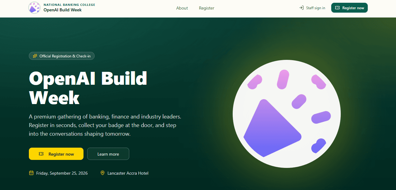 OpenAI Build Week registration and check-in front page built on the Event With Me serverless platform