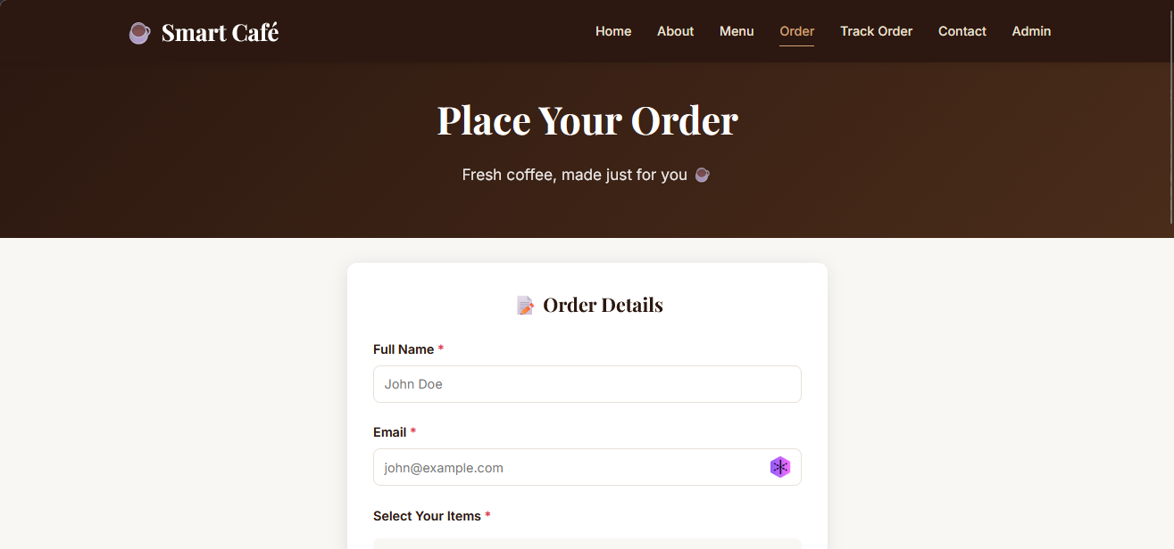 Smart Cafe order placement page